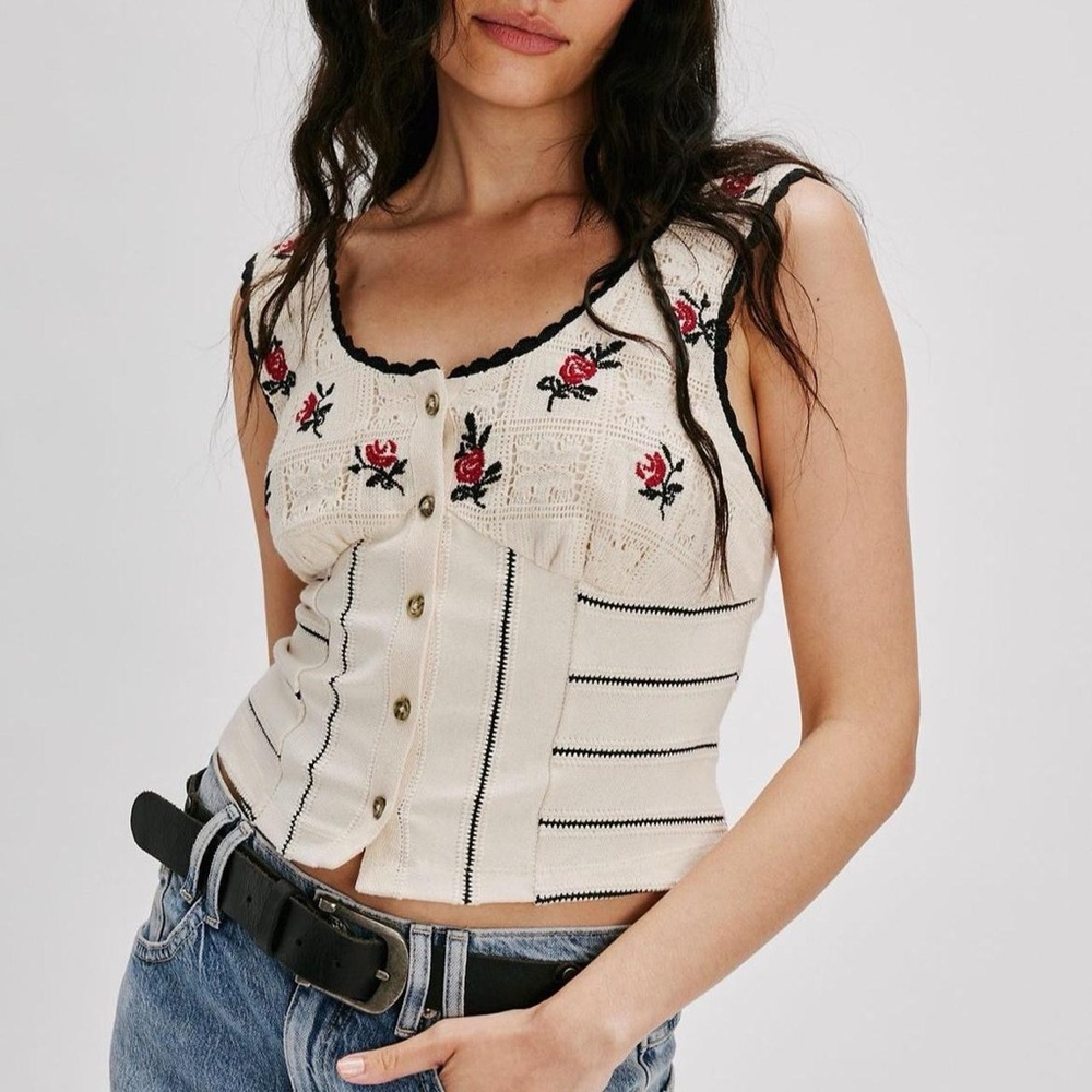 NWT Free People Rose Bud Floral Embroidered Lace Corset Tank Top in Ivory - L
